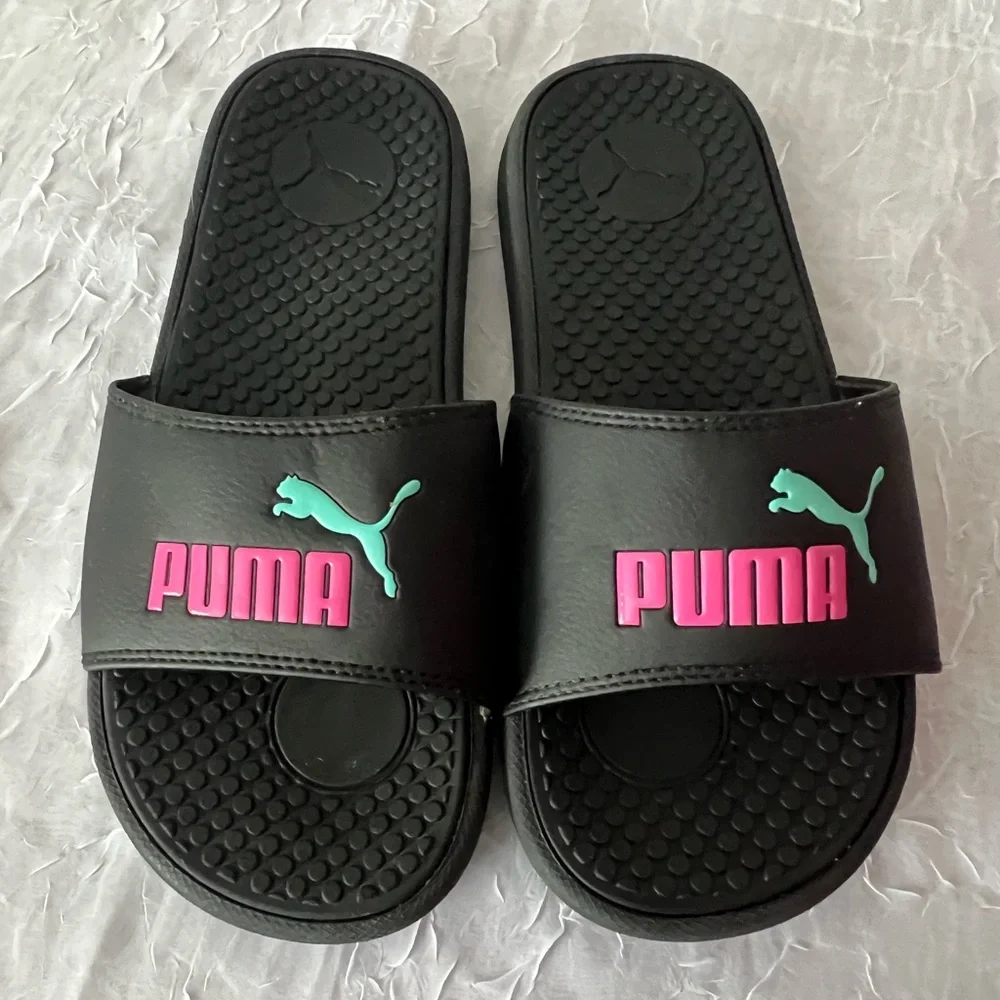 Puma Black Slides with Pink and Teal Logo Woman’s size 7 - Picture 1 of 7